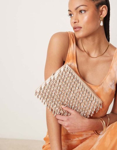 ASOS DESIGN ASOS DESIGN zip top clutch bag in all over beads in rose gold