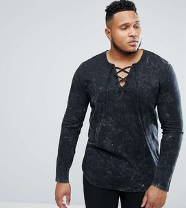 ASOS DESIGN ASOS PLUS Longline Long Sleeve T-Shirt In Subtle Acid Wash With Lace Up Neck In Black