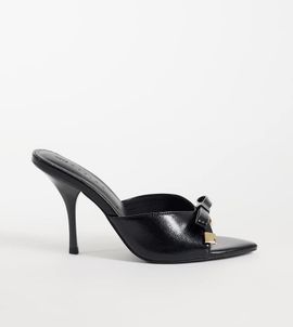 Asos Design Wide Fit ASOS DESIGN Wide Fit Nelly bow detail high heeled mules in black pu