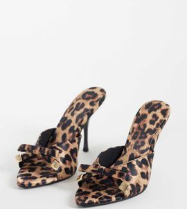 Asos Design Wide Fit ASOS DESIGN Wide Fit Nelly bow detail high heeled mules in leopard satin-Multi