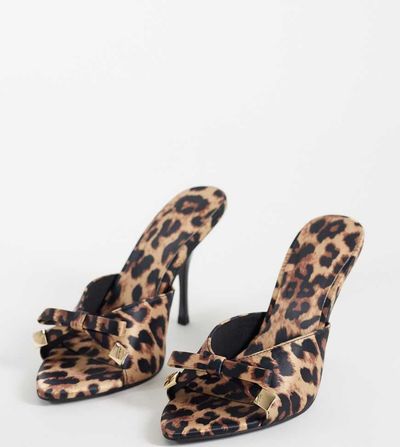 Asos Design Wide Fit ASOS DESIGN Wide Fit Nelly bow detail high heeled mules in leopard satin-Multi