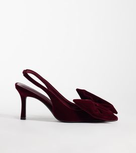 Asos Design Wide Fit ASOS DESIGN Wide Fit Shine slingback bow detail mid heel shoes in berry velvet-Red