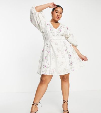 ASOS EDITION ASOS EDITION Curve floral embroidered mini dress with lace inserts-White