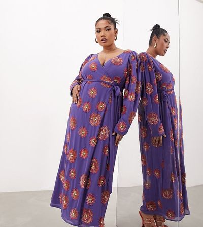 ASOS EDITION ASOS EDITION Curve wrap midi dress in floral sequin in purple