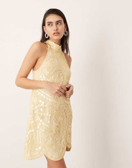 ASOS EDITION ASOS EDITION embellished mosaic halter neck mini dress in lemon-Black