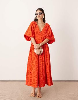ASOS EDITION ASOS EDITION eyelet wide sleeve plunge midi dress in red-Black