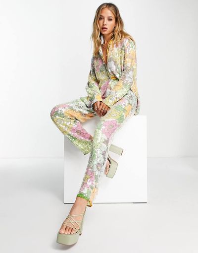 ASOS EDITION ASOS EDITION floral print tapered pants in sequin-Multi