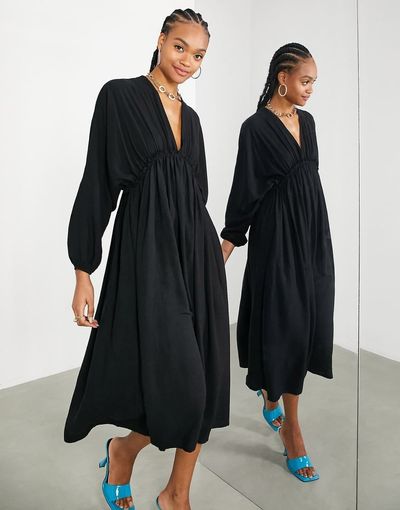 ASOS EDITION ASOS EDITION gathered waist batwing midi dress in black