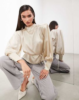 ASOS EDITION ASOS EDITION hammered satin bold shoulder cropped blouse with removable tie in ivory-White