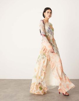 ASOS EDITION ASOS EDITION long sleeve bias cut paneled maxi dress in pink floral print-Multi