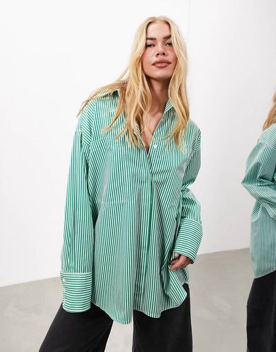 ASOS EDITION ASOS Edition oversized cotton shirt in green stripe-Multi
