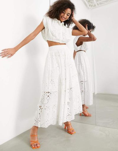 ASOS EDITION ASOS EDITION pleat waist eyelet midi skirt in white