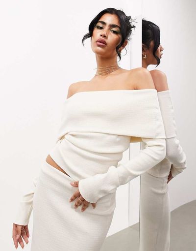 ASOS EDITION ASOS EDITION premium jersey turn over bardot long sleeve top in cream-Neutral