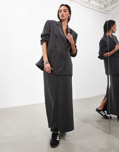 ASOS EDITION ASOS EDITION tailored maxi skirt in charcoal pinstripe-Black