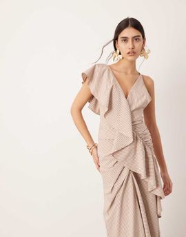 ASOS EDITION ASOS EDITION textured asymmetric ruffle maxi dress in stripe print-Multi