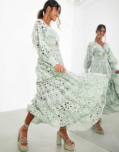 ASOS EDITION ASOS EDITION v neck broderie midi dress with puff sleeves in sage green