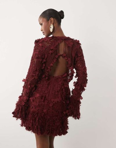 ASOS LUXE ASOS LUXE 3D floral embellished eyelet mini dress with faux-feather trim in burgundy-Red