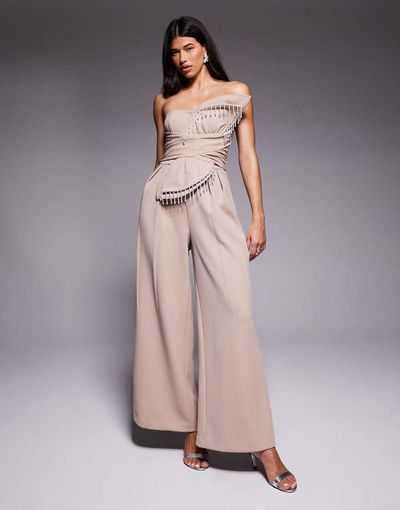 ASOS LUXE ASOS LUXE 3D petal jumpsuit with drop bead detail in stone-Neutral
