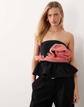 ASOS LUXE ASOS LUXE bandeau peplum top with corsage detail in black and pink