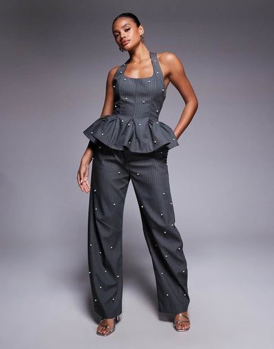 ASOS LUXE ASOS LUXE barrel pants with faux pearls in gray pinstripe - part of a set