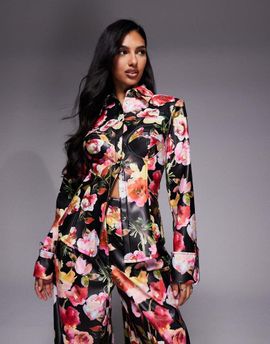 ASOS LUXE ASOS LUXE cinched PU shirt in floral print - part of a set-Multi