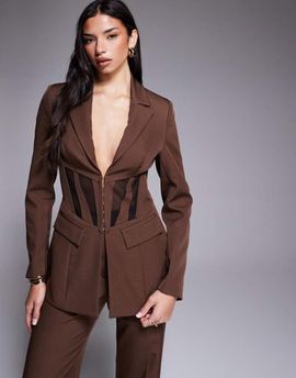 ASOS LUXE ASOS LUXE cinched waist blazer with contrast panelling in brown - part of a set