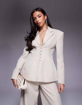 ASOS LUXE ASOS LUXE cinched waisted tailored blazer with button detailing in cream - part of a set-Neutral