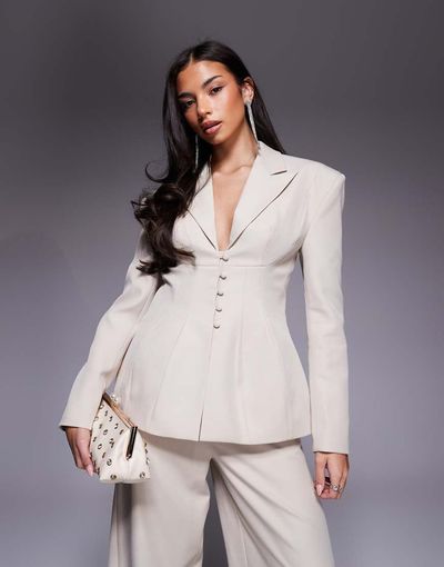 ASOS LUXE ASOS LUXE cinched waisted tailored blazer with button detailing in cream - part of a set-Neutral