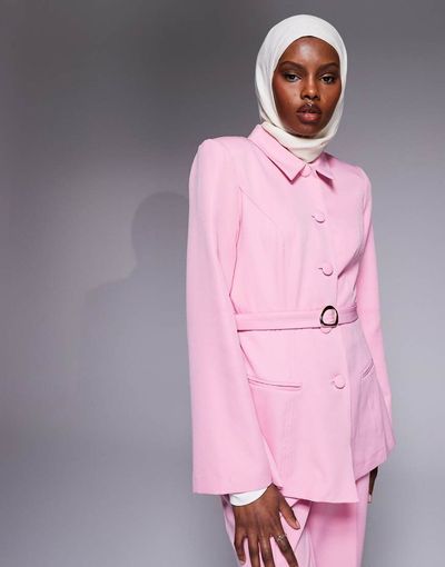 ASOS LUXE ASOS LUXE collared button down blazer with belt in pink - part of set