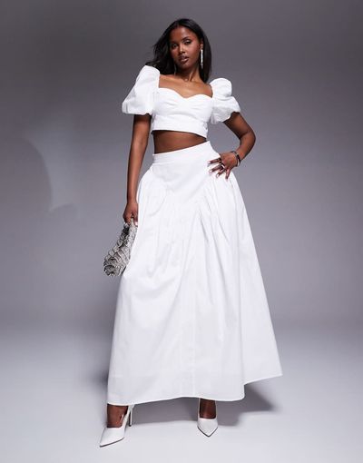 ASOS LUXE ASOS LUXE cotton sateen exaggerated maxi skirt with bow back in white - part of a set