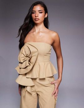 ASOS LUXE ASOS LUXE cotton twill bandeau corsage top in tan - part of a set-Neutral