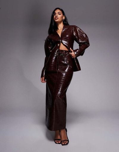 ASOS LUXE ASOS LUXE croc pencil midi skirt in chocolate - part of a set-Brown