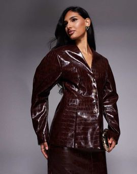 ASOS LUXE ASOS LUXE croc structured blazer with gold buttons in chocolate - part of a set-Brown