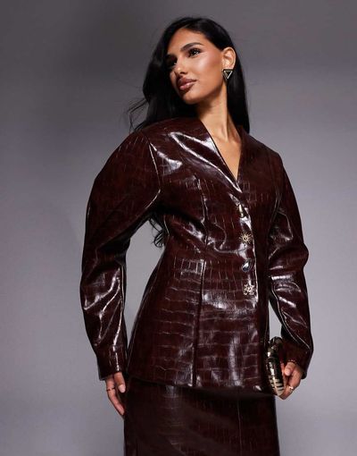 ASOS LUXE ASOS LUXE croc structured blazer with gold buttons in chocolate - part of a set-Brown