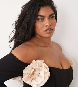 ASOS LUXE ASOS LUXE curve bardot mini skater dress with corsage details in black