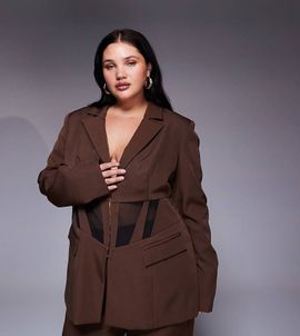 ASOS LUXE ASOS LUXE Curve cinched waist blazer with contrast paneling in brown - part of a set