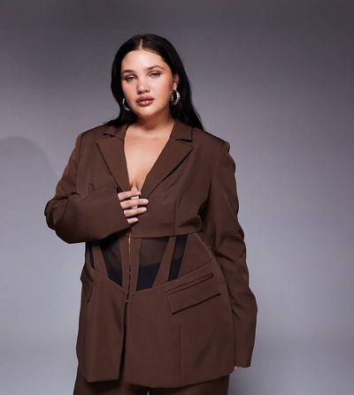 ASOS LUXE ASOS LUXE Curve cinched waist blazer with contrast paneling in brown - part of a set