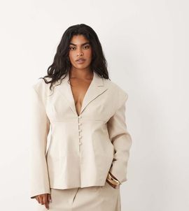 ASOS LUXE ASOS LUXE Curve cinched waisted tailored blazer with button detail in cream - part of a set-Neutral