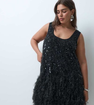ASOS LUXE ASOS LUXE Curve embellished scoop neck mini dress with faux feather hem in black