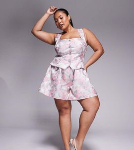 ASOS LUXE ASOS LUXE Curve jacquard romper with embellished buttons-pink