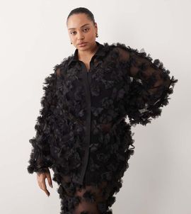 ASOS LUXE ASOS LUXE Curve mesh shirt in black with 3D flower petals - part of a set