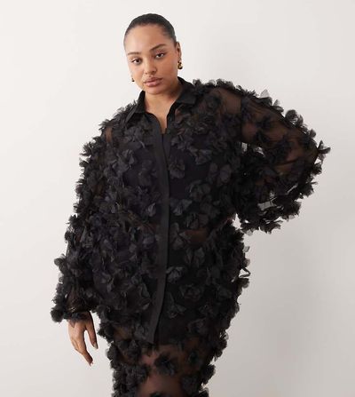 ASOS LUXE ASOS LUXE Curve mesh shirt in black with 3D flower petals - part of a set