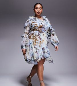 ASOS LUXE ASOS LUXE Curve organza and chiffon printed asymmetrical mini dress with embellishment in blue western floral