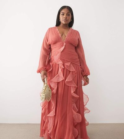 ASOS LUXE ASOS LUXE Curve ruched long sleeve maxi dress with waterfall detail in faded rose-Pink