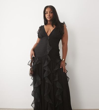 ASOS LUXE ASOS LUXE Curve ruched maxi dress with waterfall detail in black