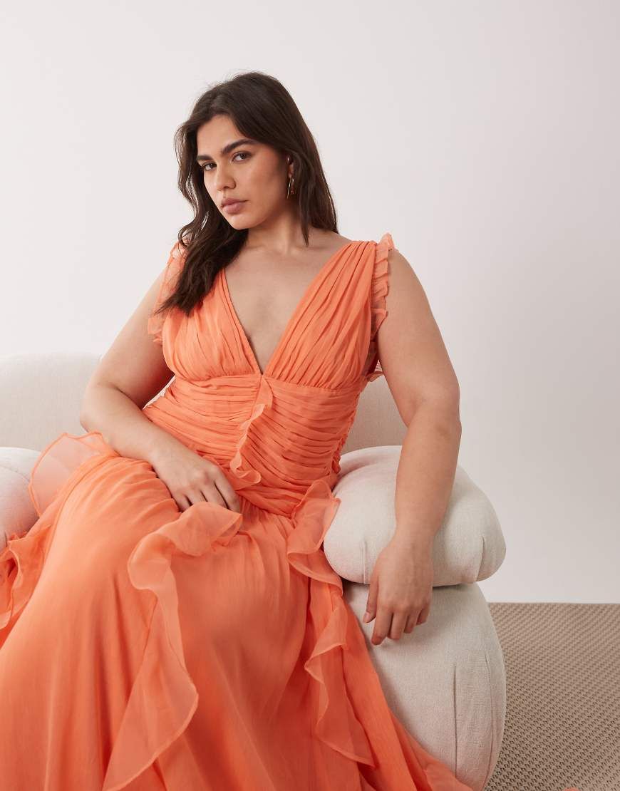 Orange Asos Plus Size Evening Gowns ASOS LUXE Curve Ruched Maxi Dress With Waterfall Detailing In