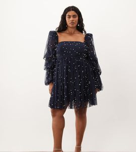 ASOS LUXE ASOS LUXE Curve tulle baby doll dress with faux-pearl embellishment in navy