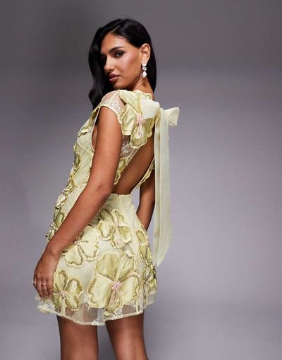 ASOS LUXE ASOS LUXE embellished 3D floral lace mini dress with drop pearls in yellow