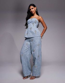 ASOS LUXE ASOS LUXE embellished heart barrel pants in blue boucle - part of a set