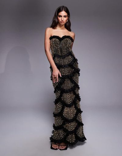 ASOS LUXE ASOS LUXE faux-gem embellished strapless maxi dress with scallop hem in black and gold